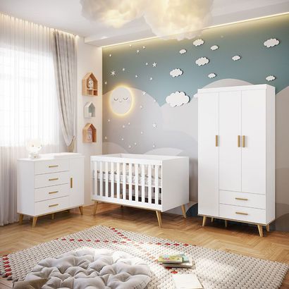 Quarto De Bebê Completo Lara Berço + Guarda Roupa 3 Portas e Cômoda  Fraldário Branco Amadeirado Carolina Baby